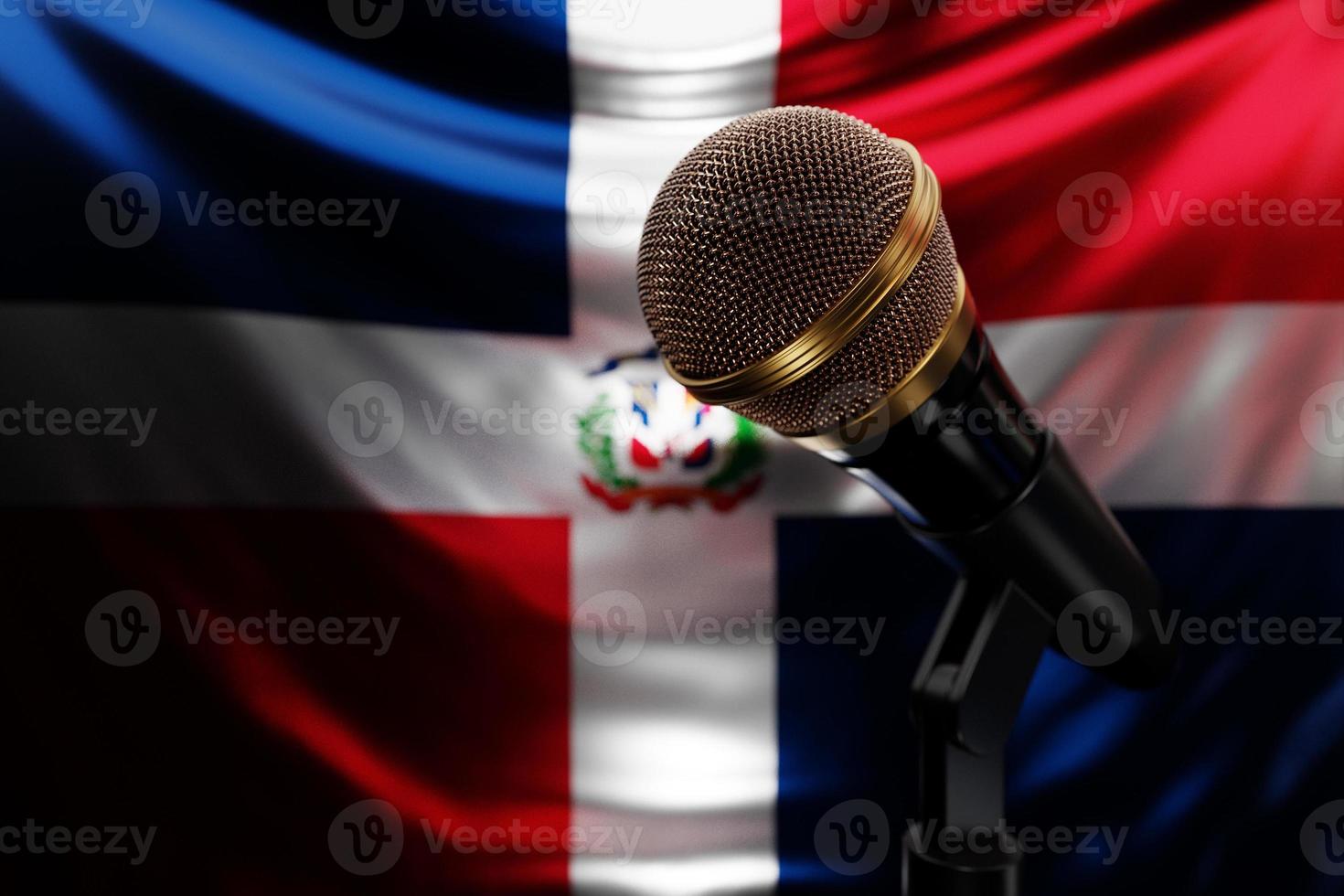 Microphone on the background of the National Flag of Dominicana, realistic 3d illustration. music award, karaoke, radio and recording studio sound equipment photo