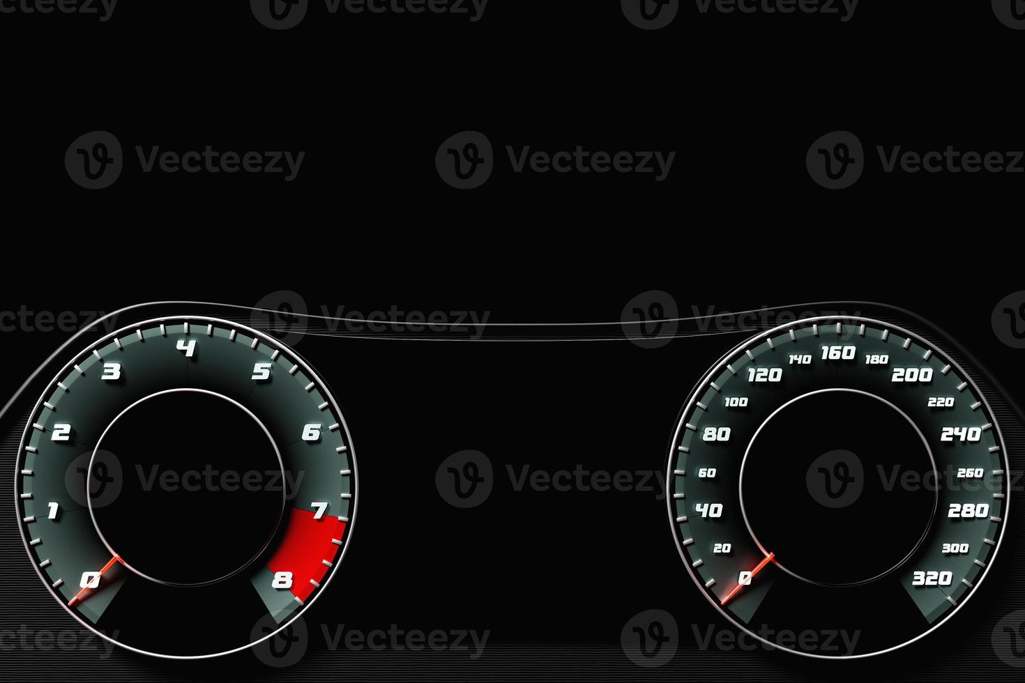 3D illustration of the dashboard of the car is illuminated by bright illumination. Circle speedometer, tachometer photo