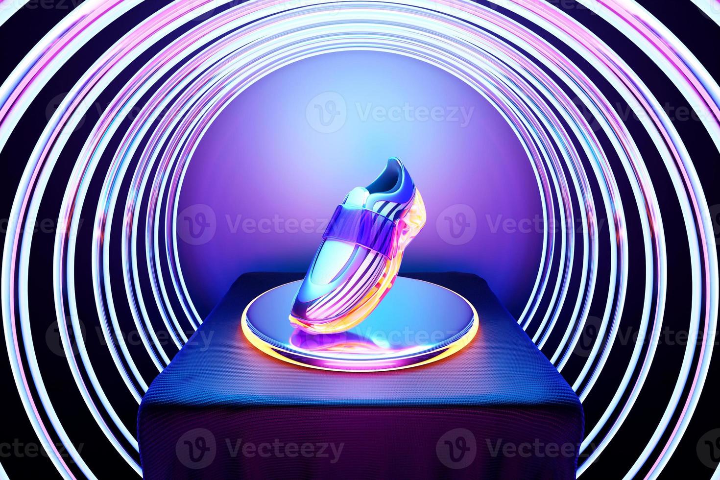 3d illustration of  purple  sneakers with foam soles and closure under neon color on circle podium  . Sneakers side view. Fashionable sneakers. photo