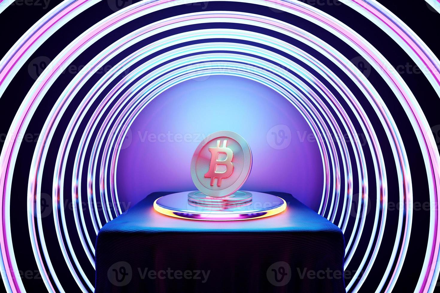 3d illustration gold bitcoin coin on circle podium.  Cryptocurrency bitcoin symbol photo