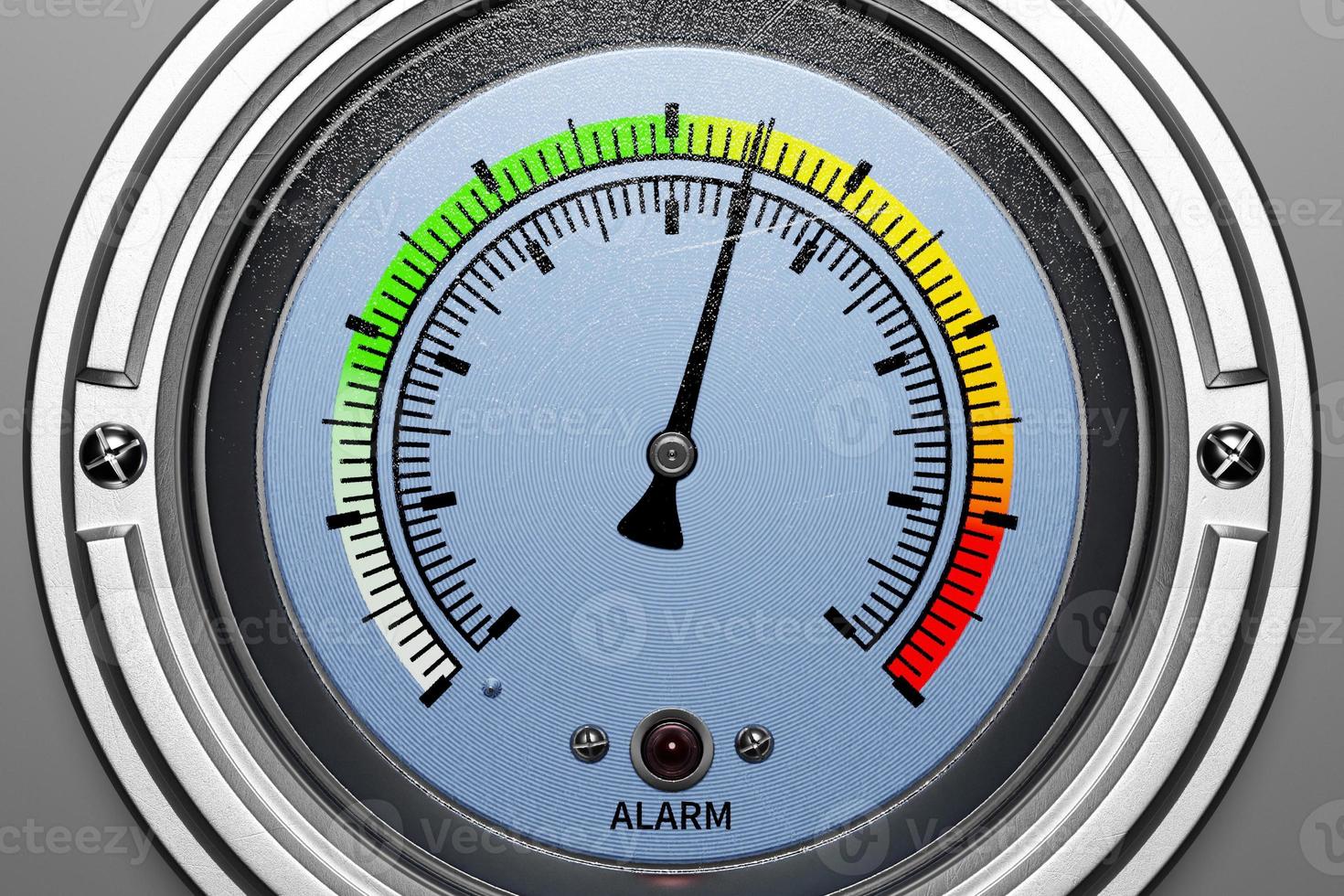 Round gauge with metal frame and alarm indicator. Different indication.  3d illustration isolated on white background photo