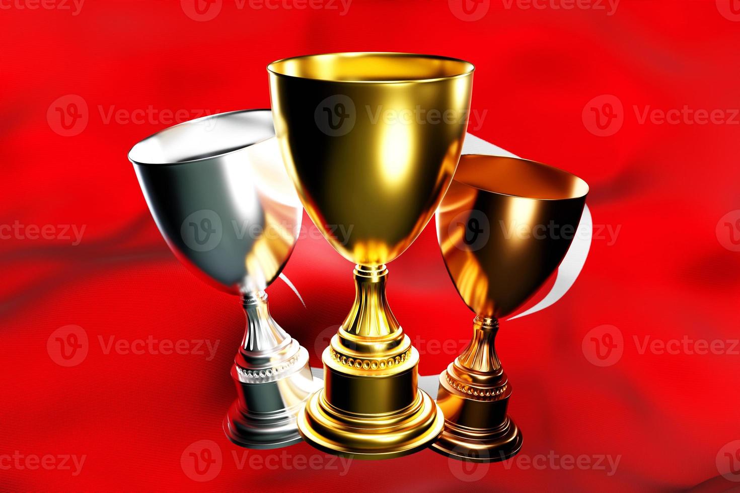 3d illustration of a cup of gold, silver and bronze winners on the background of the national flag of Turkey . 3D visualization of an award for sporting achievements photo