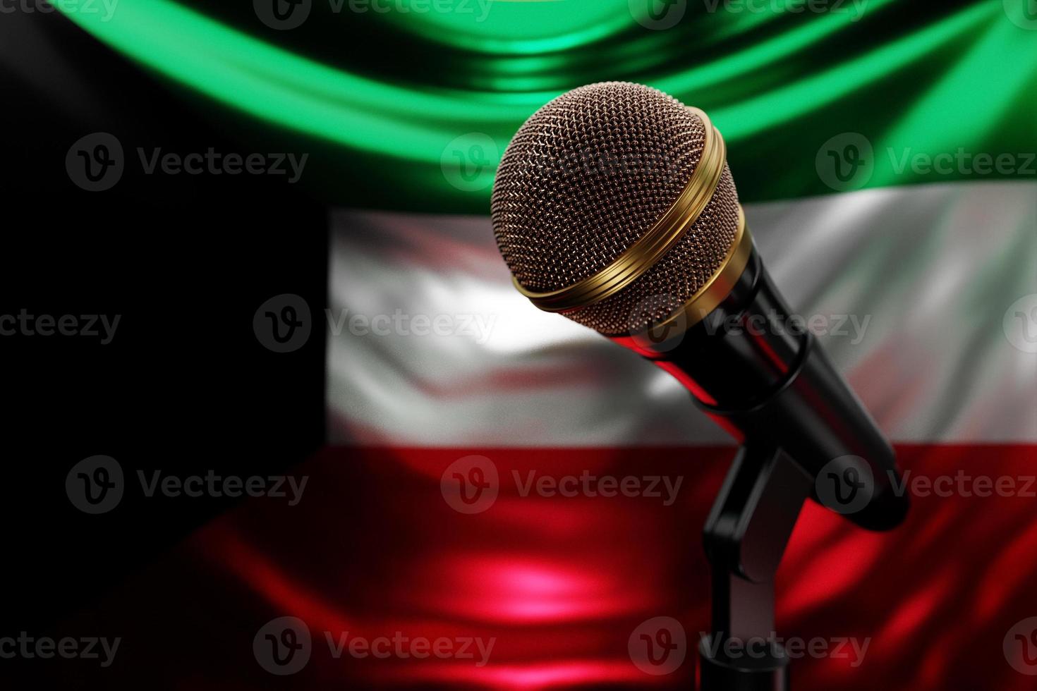 Microphone on the background of the National Flag of Kuwait, realistic 3d illustration. music award, karaoke, radio and recording studio sound equipment photo