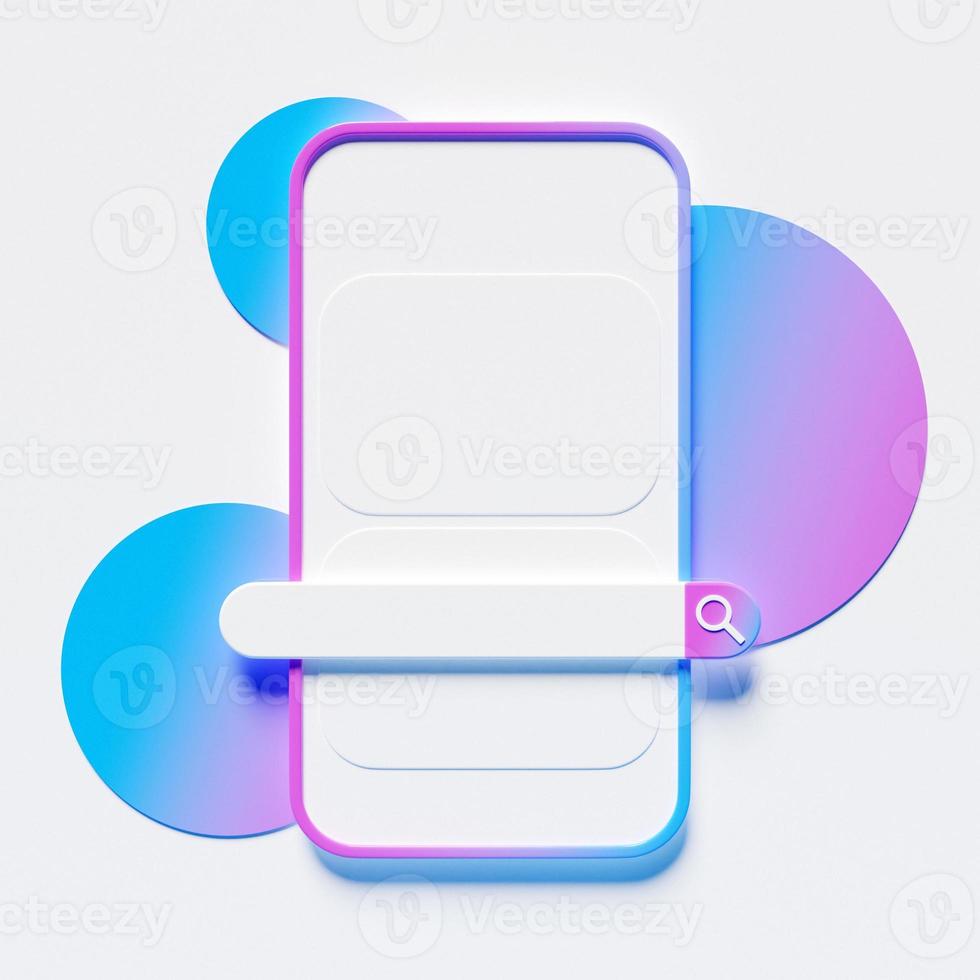 3D illustration of a mobile phone with a search bar on a white background with geometric shapes. Internet search using smartphone. photo