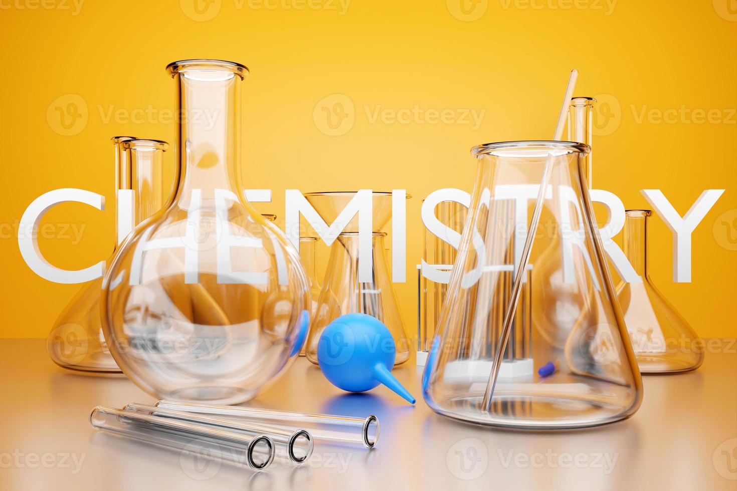 3d illustration of a set of laboratory instruments. Chemical laboratory research set on yellow background photo