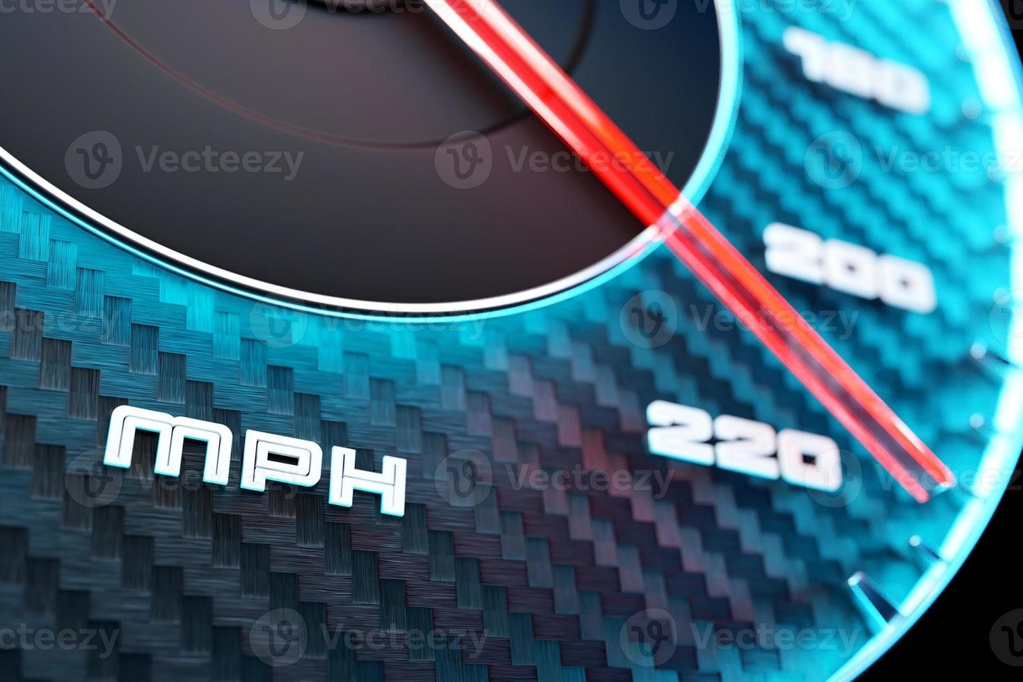 3D illustration close up black car panel, digital bright speedometer in sport style under white neon light. The speedometer needle shows a maximum speed of 220 km  h photo