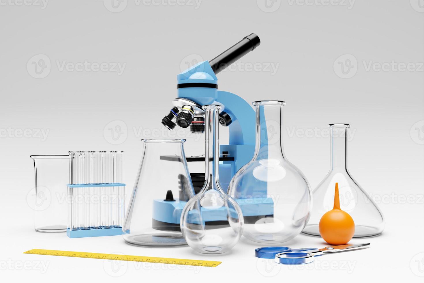 Ilustración 3d de un conjunto de instrumentos de laboratorio y un microscopio. investigación de laboratorio químico sobre un fondo blanco foto