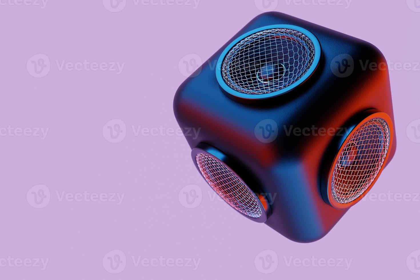 3d illustration of a square column with a musical speaker on a black isolated background. Audio system with speakers for concerts and parties photo