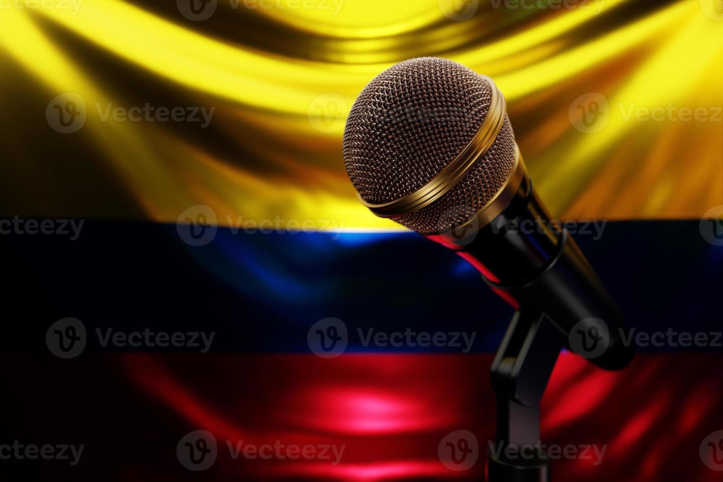 Microphone on the background of the National Flag of Colombia, realistic 3d illustration. music award, karaoke, radio and recording studio sound equipment photo