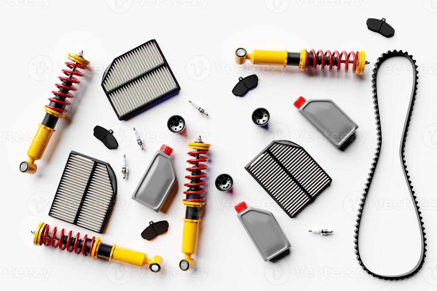 3d illustration of auto parts car shock absorber, oil canister, fuel and air filters on white  isolated background. Car Repair Parts photo