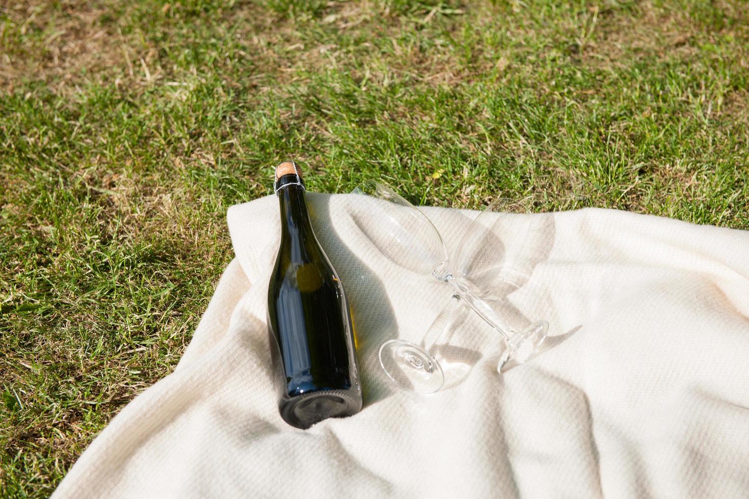 Champagne bottle on blanket photo