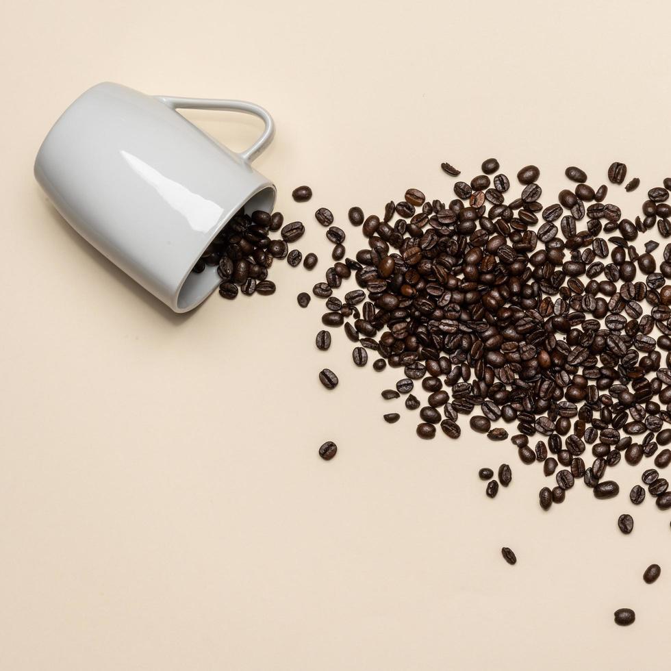 Coffee beans and white cup on coloured background photo