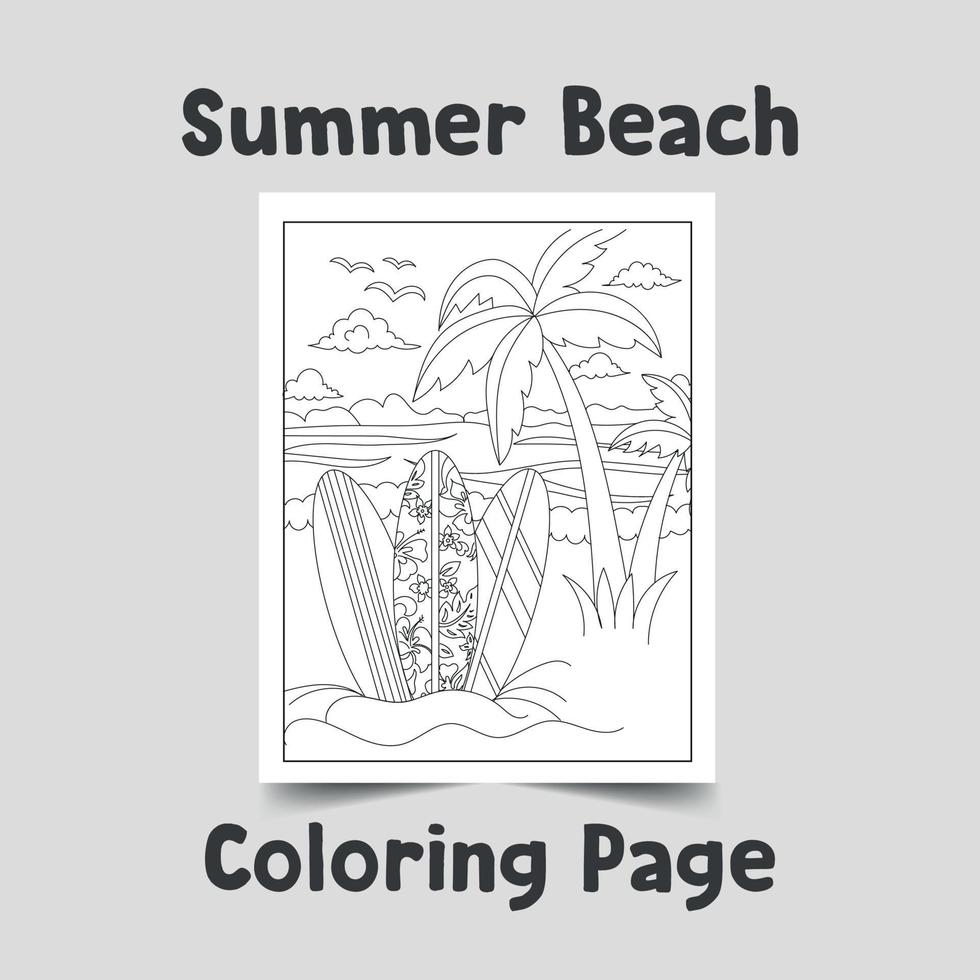 Summer Beach Coloring Page, Outline Illustation for coloring book ...
