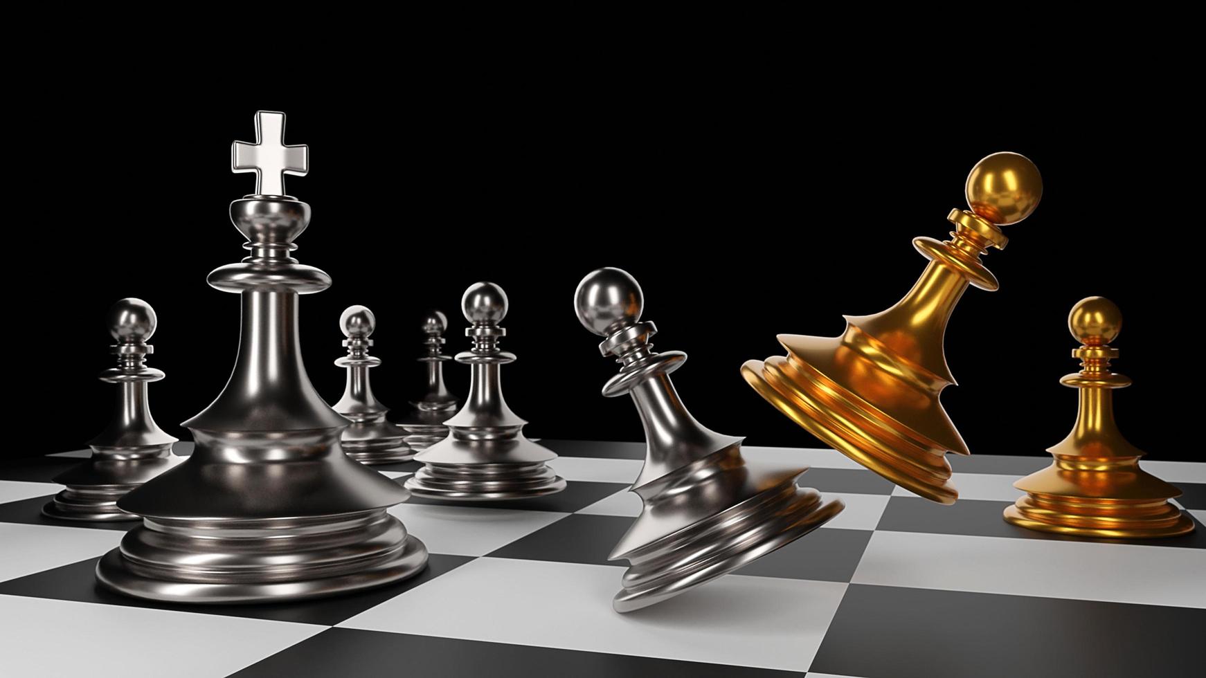 The King in battle chess game stand on chessboard with black isolated background. Concept business strategy, planning and decision.3d rendering. photo