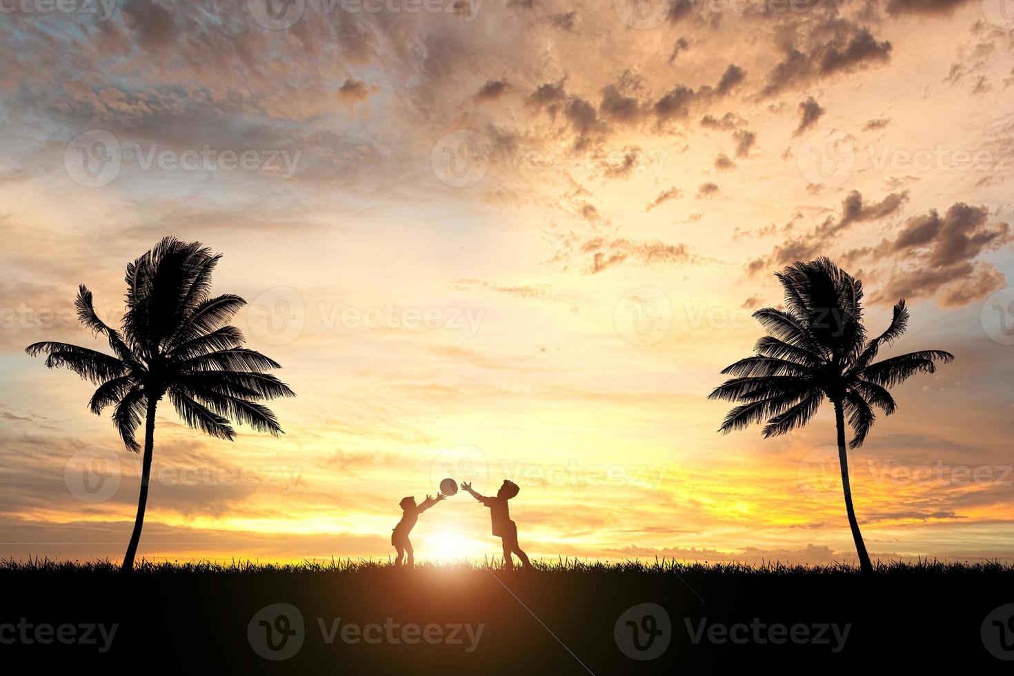 Two children are throwing balls in the meadow happily. Children's happiness concept photo