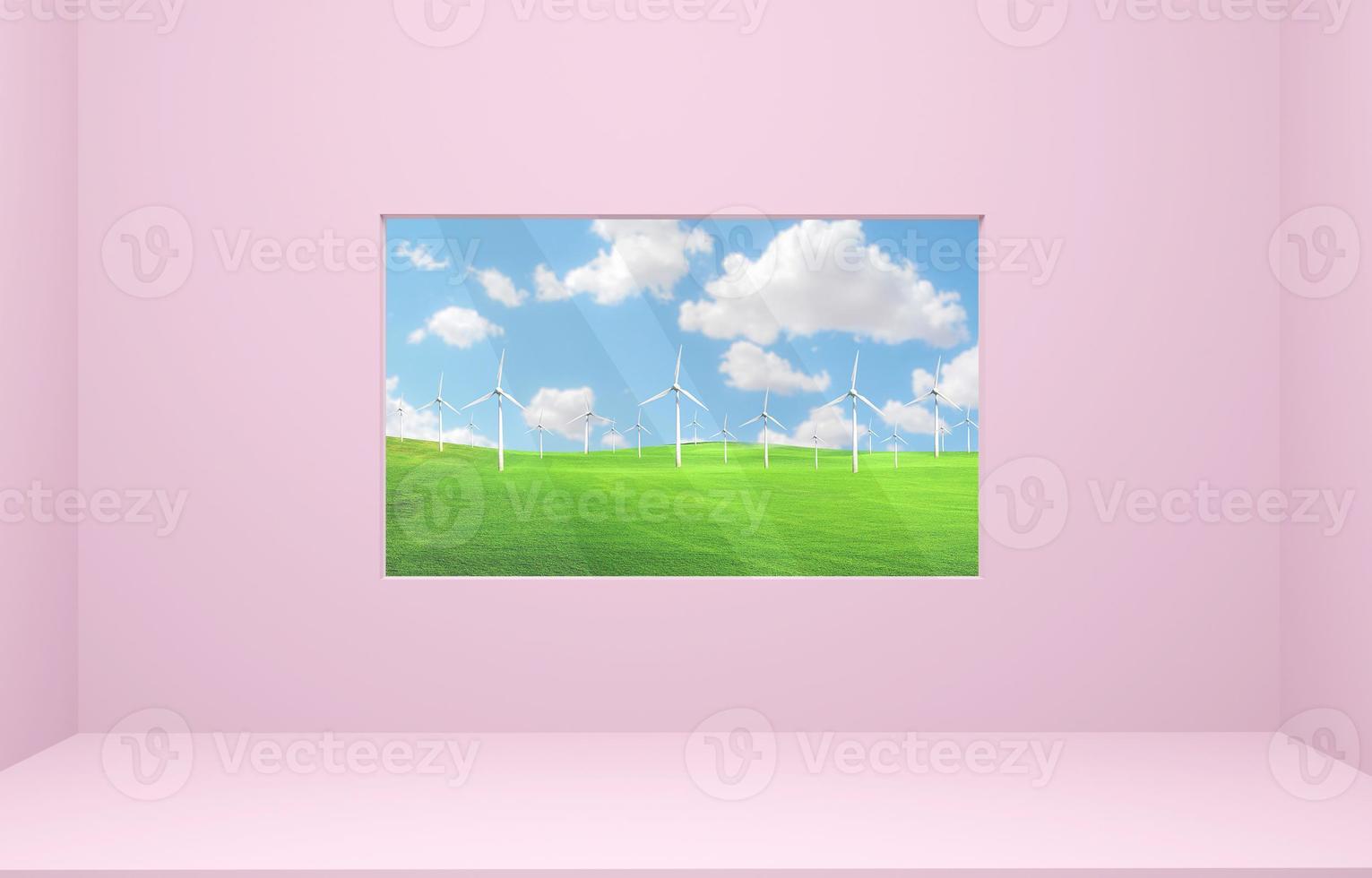 Pink room with window with beautiful view. Abstract concept, imagination, tourism. photo