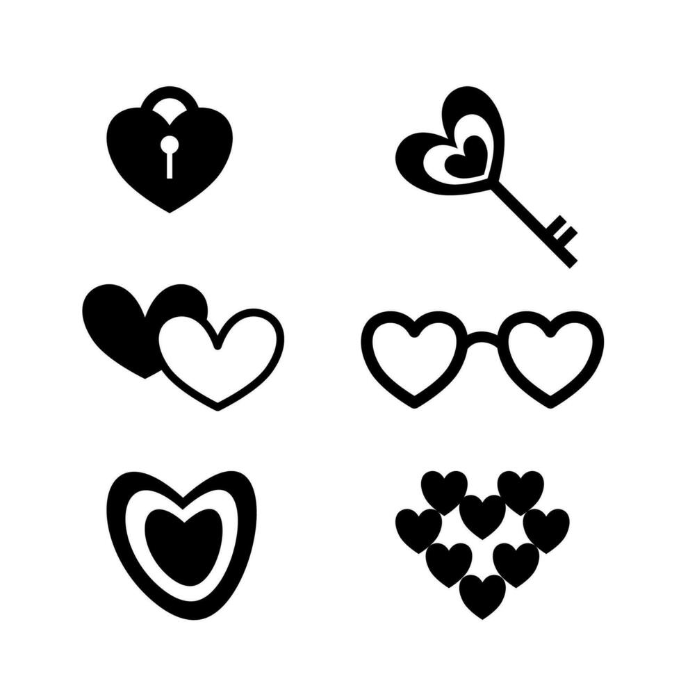 Heart-shaped black stripes in various patterns such as keys, glasses, for decorating cards or posters of love, wedding. vector