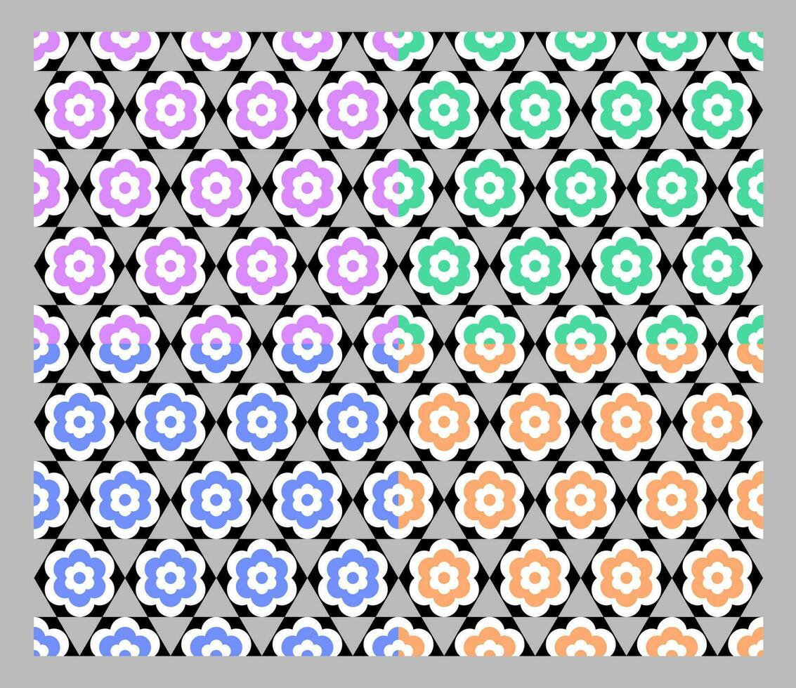 Seamless hexagonal bundle with multi-colored overlapping flowers. vector