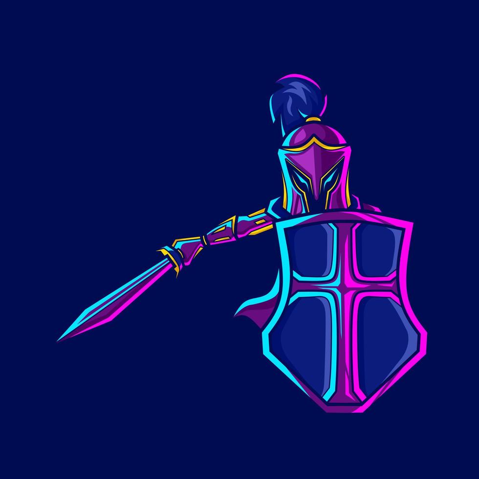 Knight armor cyberpunk logo line pop art portrait fiction colorful design with dark background. Abstract vector illustration.