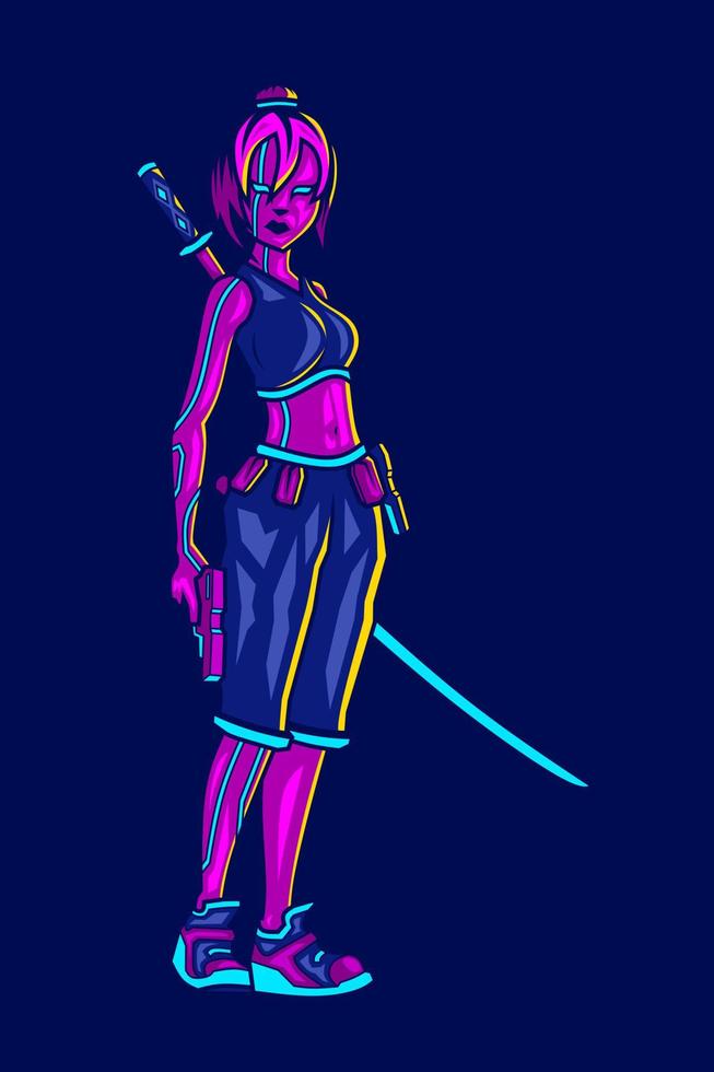 Samurai cyberpunk logo line pop art portrait fiction colorful design with dark background. Abstract vector illustration.