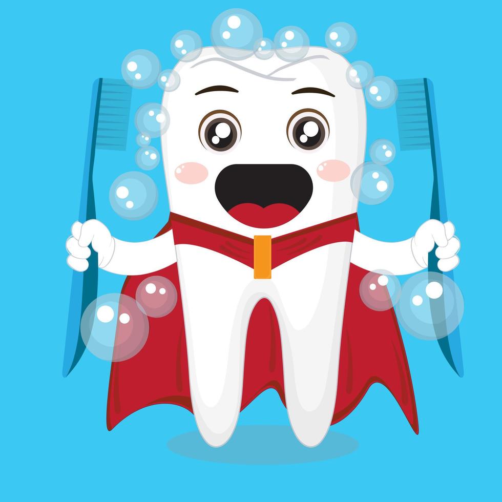 lindo superhéroe dental sosteniendo dos cepillos de dientes adecuados para productos infantiles, dibujo de libros y muchas manualidades para niños vector