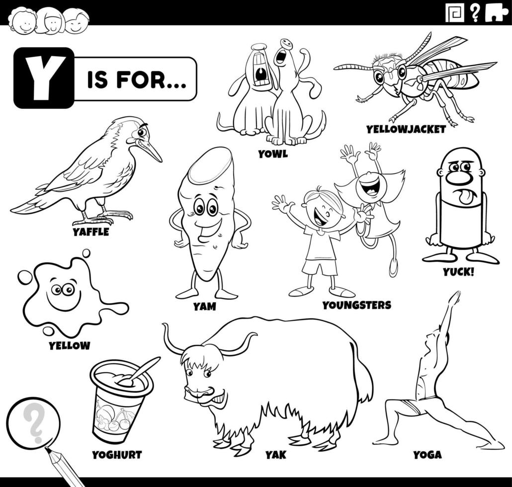 letter y words educational cartoon set coloring page vector