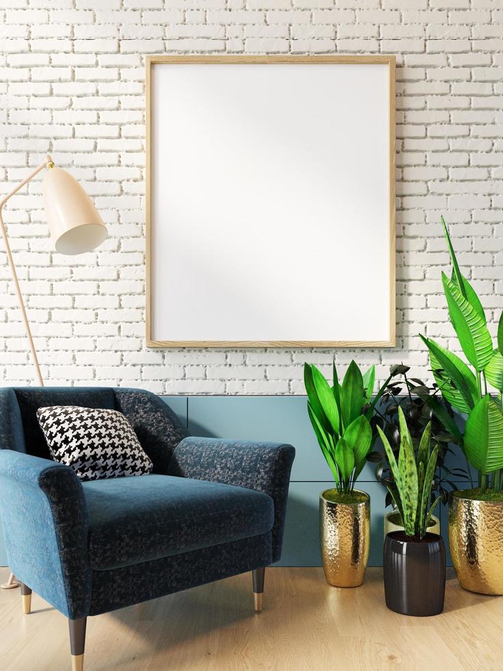mock up poster frame in modern interior wood floor concrete wall background, Scandinavian style, Loft style, 3D render, photo
