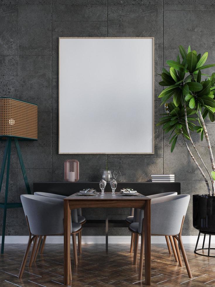 mock up poster frame in modern interior wood floor concrete wall background, Scandinavian style, Loft style, 3D render, photo