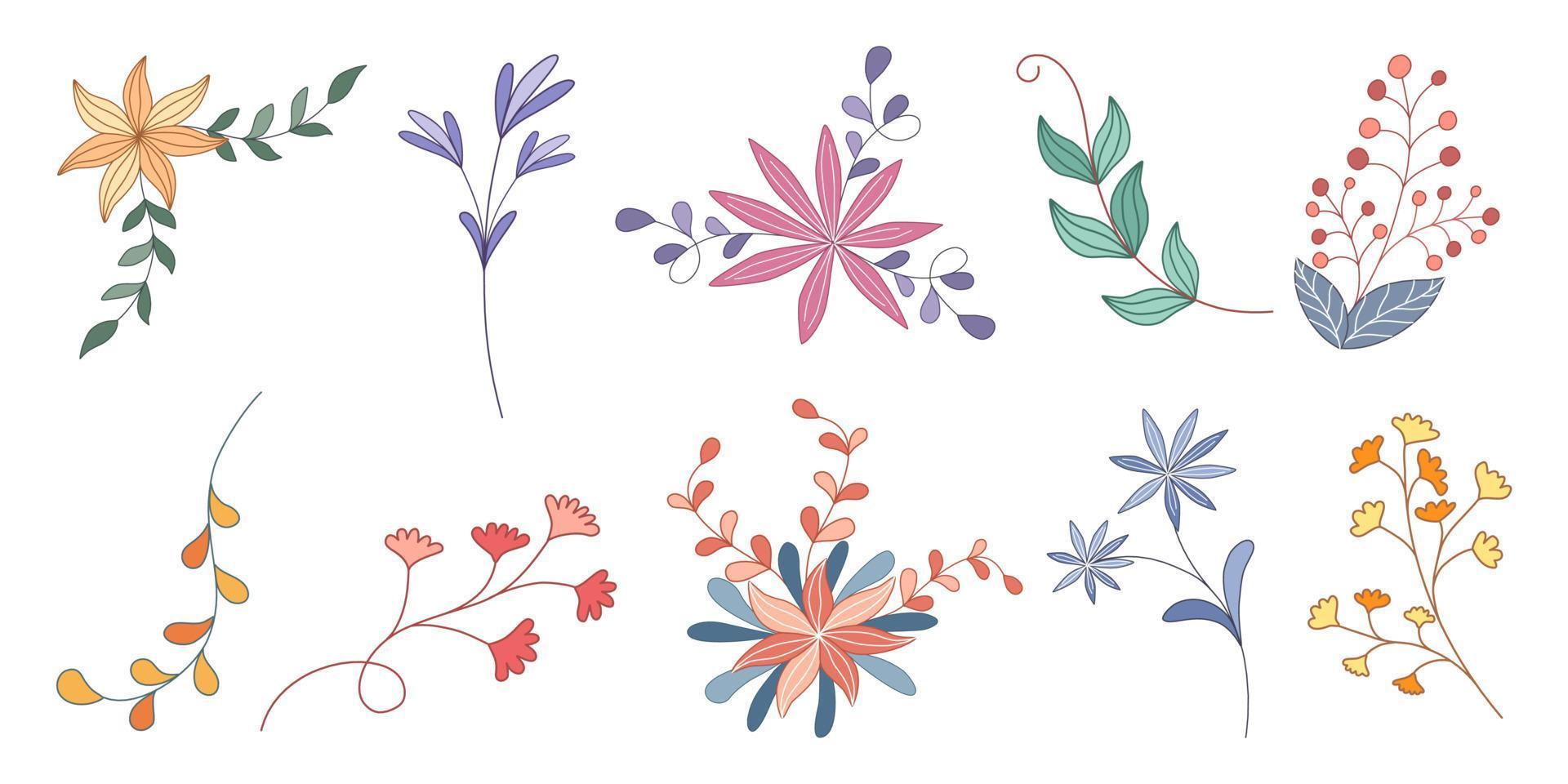 Set vector elements flowers and leaves, doodle style design on white background for digital printing, stickers, spring theme decorations, fabric patterns, cards, scrapbooks, t-shirt designs and more.