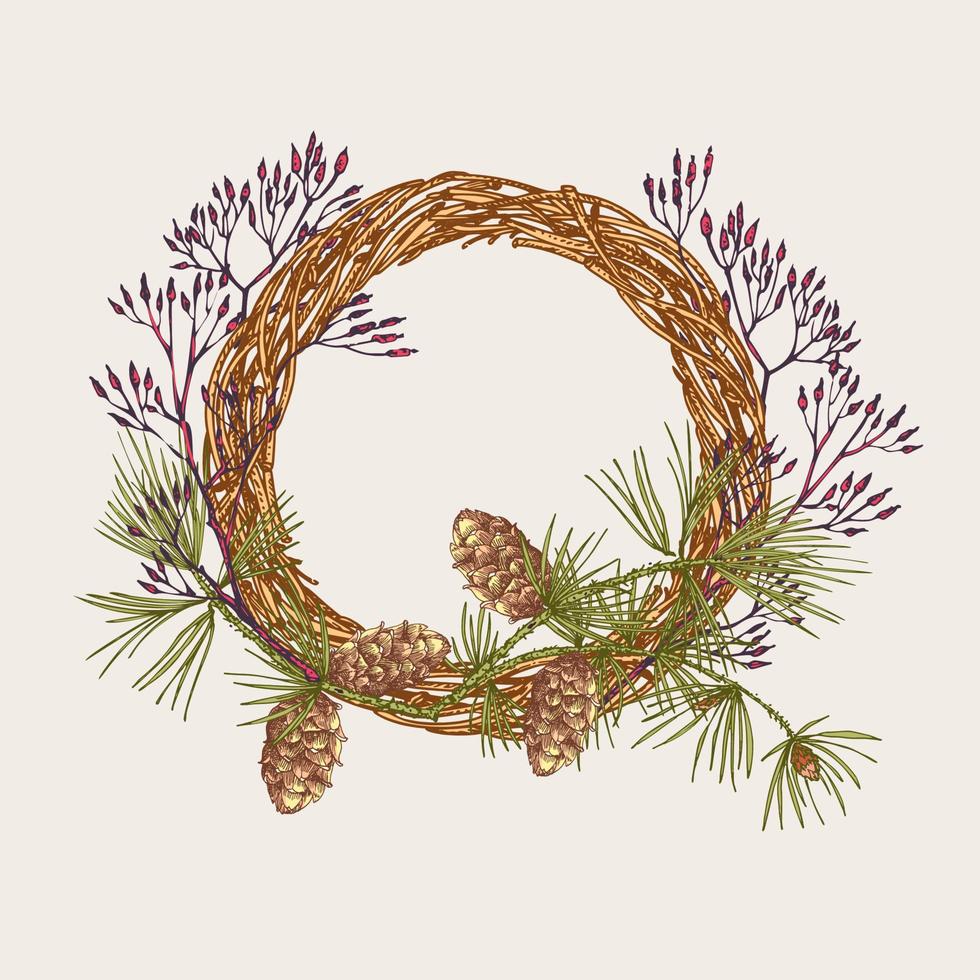 Hand-drawn sketch autumn wreath with pine cones, berries, branches, leaves in engraving style. Vintage floristic door wreath. Thanksgiving retro decor Wedding graphic frame Hello, fall. Vector. vector