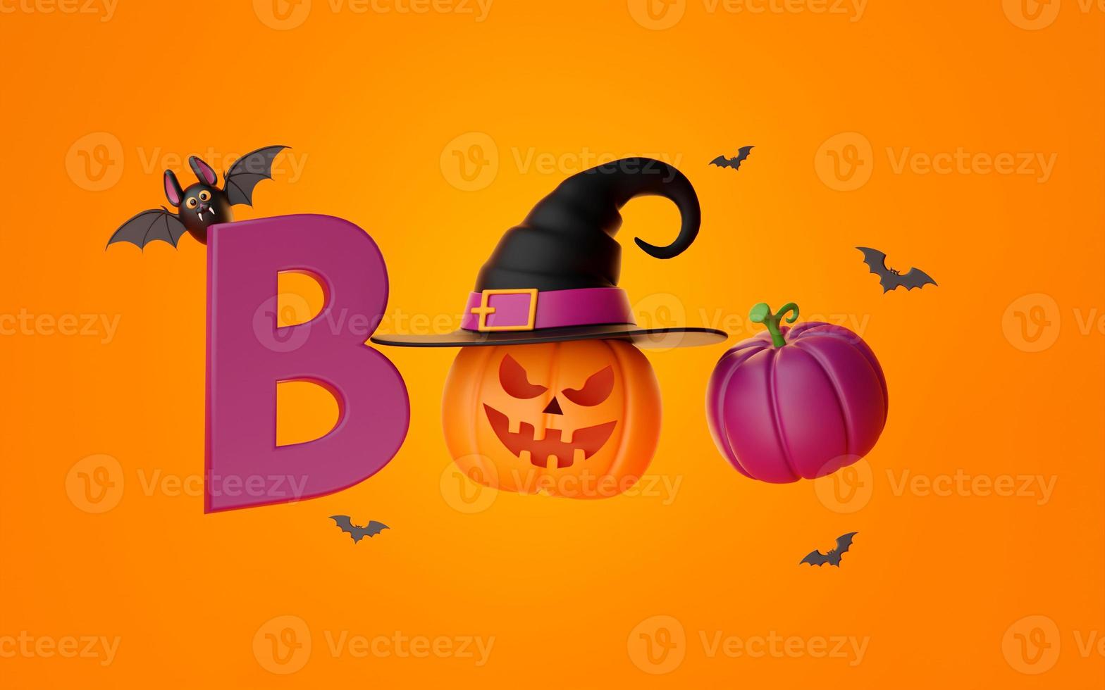 3d illustration of Happy Halloween banner with Jack O Lantern pumpkins photo