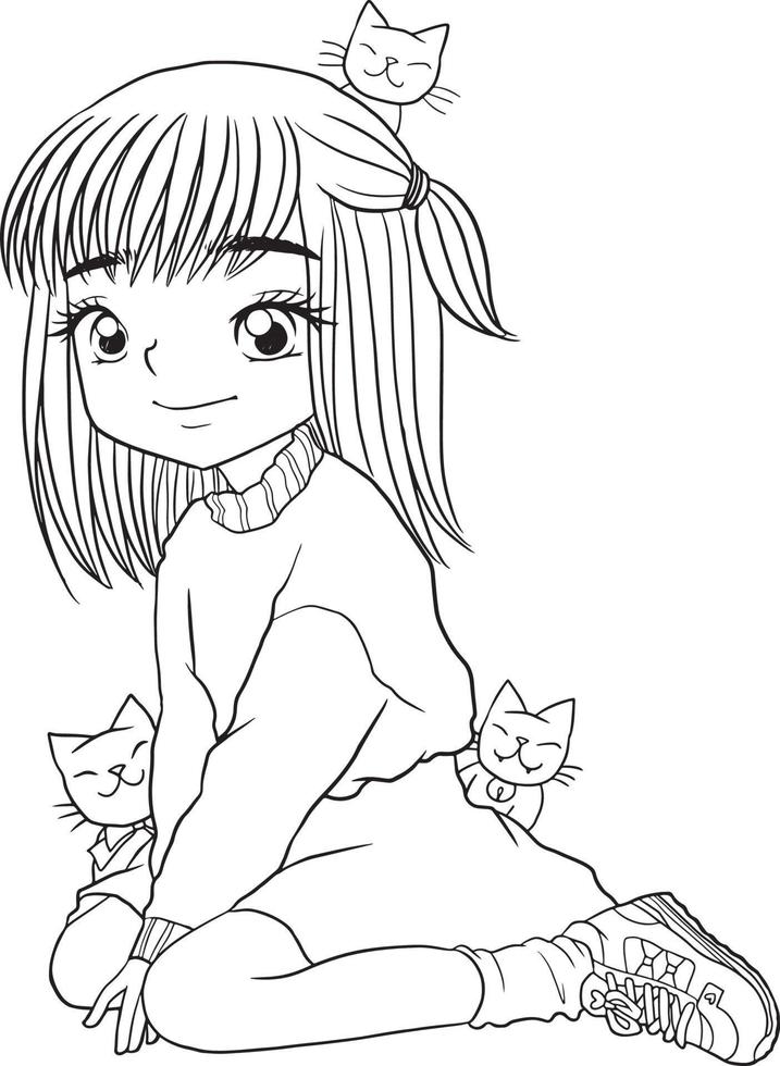 página para colorear niña kawaii anime lindo dibujos animados