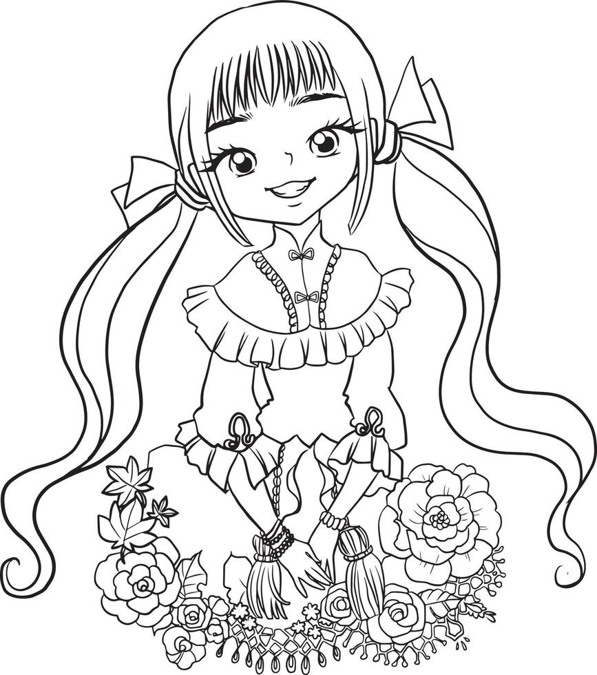 página para colorear niña kawaii anime lindo dibujos animados ilustración clipart dibujo adorable manga descarga gratuita vector