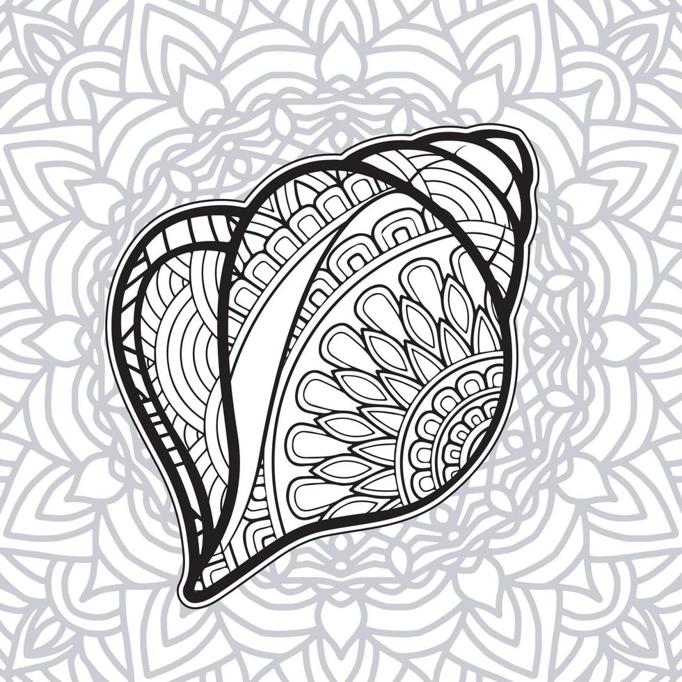 shell coloring page design with mandala background vector