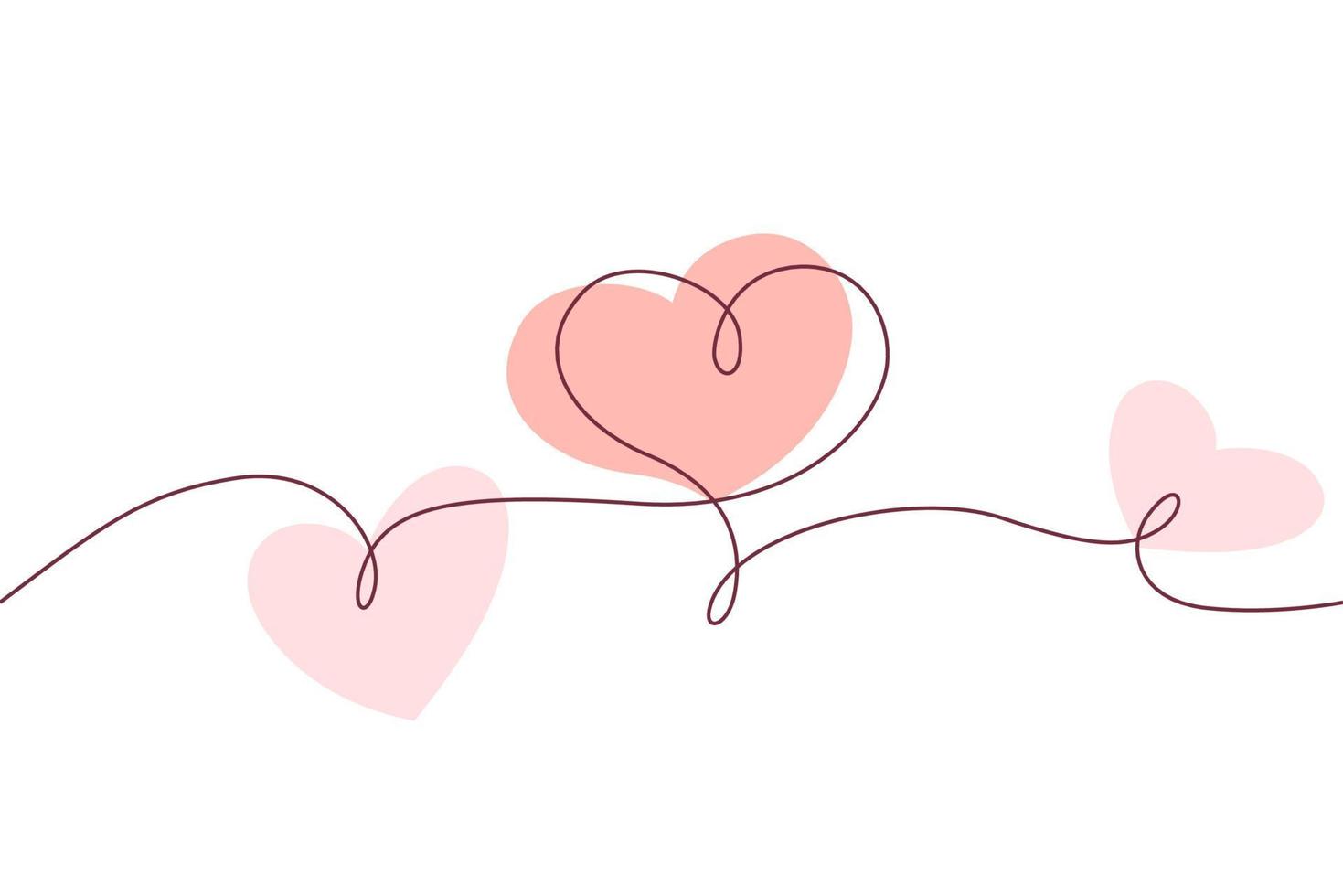 Love heart continuous line drawing whith red pink shape. Seamless garland. Black isolated linear template. Comic Doodle concept design Outline simple border for social media, web dialog chat. vector