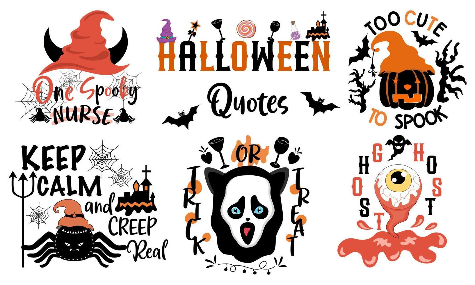 Halloween quotes set designed in doodle style in black and orange tones on white background for Halloween themed decorations, t-shirt design,  bags patterns, mugs, fabric patterns, T-shirts designs vector