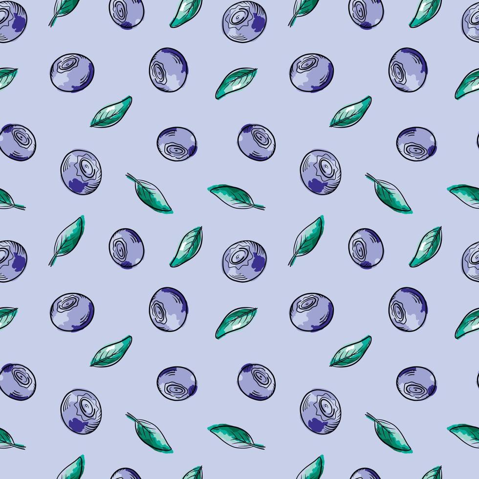 Vector watercolor pattern with blueberries. Blueberry berries with twigs of leaves in a hand-drawn style. Botanical illustration with berries, black line sketch