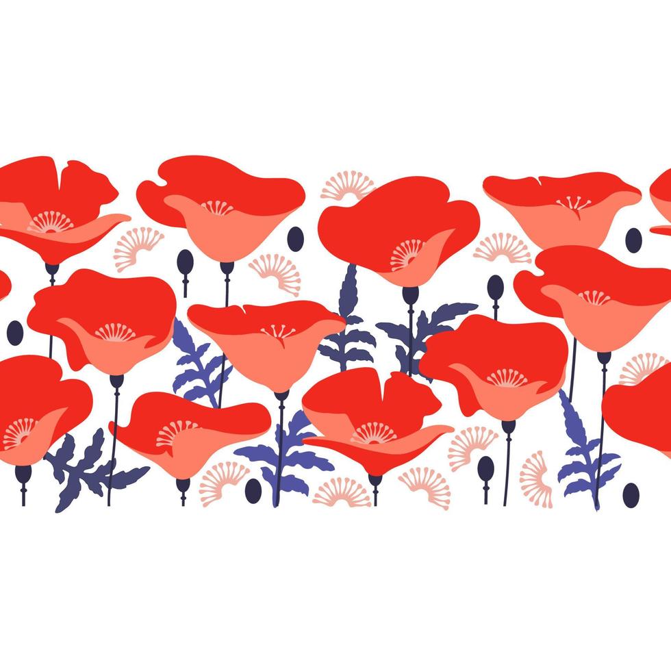 Red flowers on white background. Seamless pattern with poppies. Vector. vector