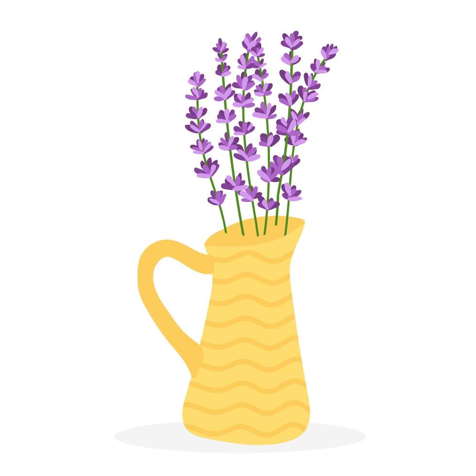 Lavender flowers in a yellow vase. Vector illustration isolated on white background