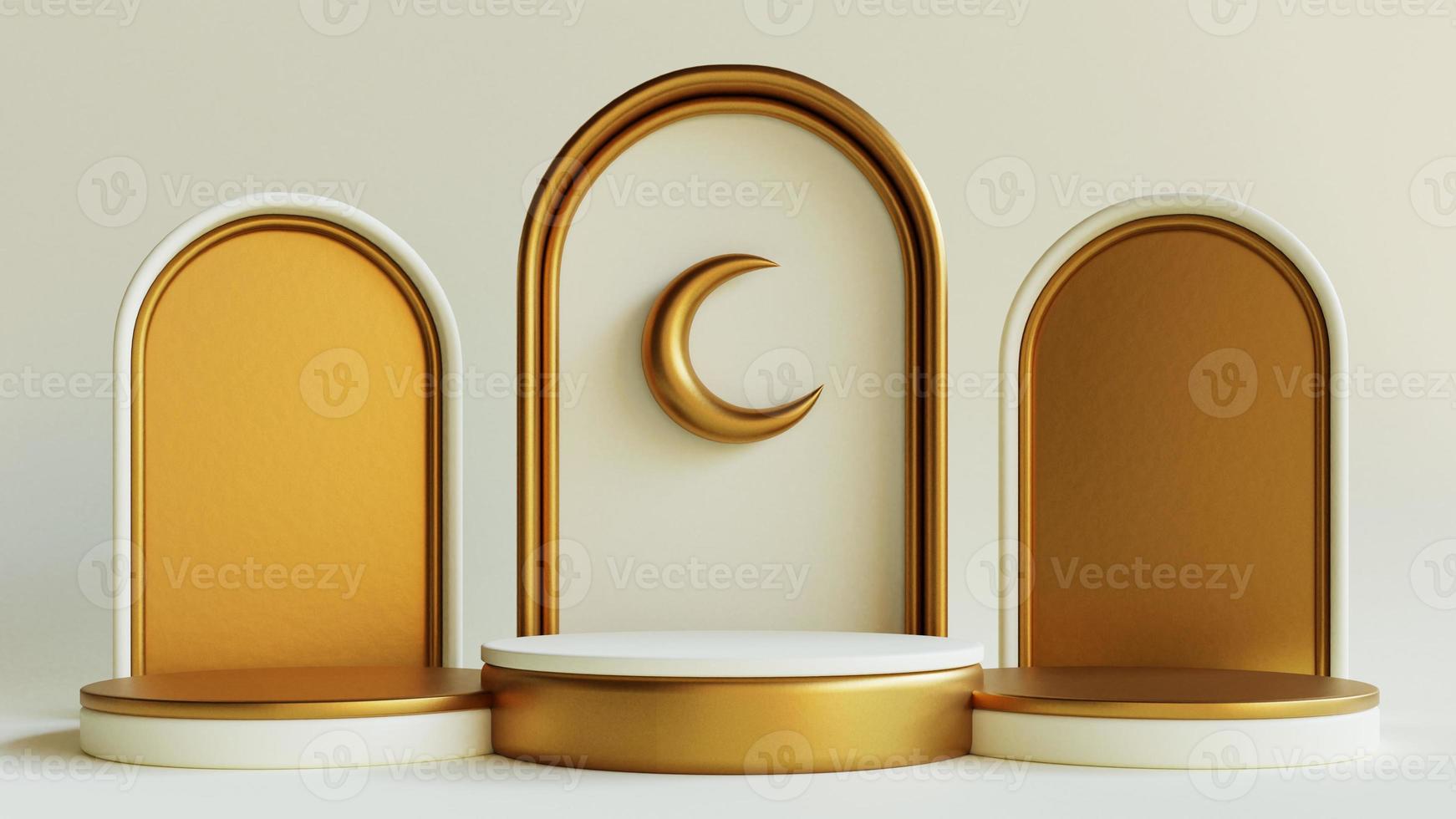 Ramadan kareem islamic greeting background with lantern on podium, mosque and crescent moon photo