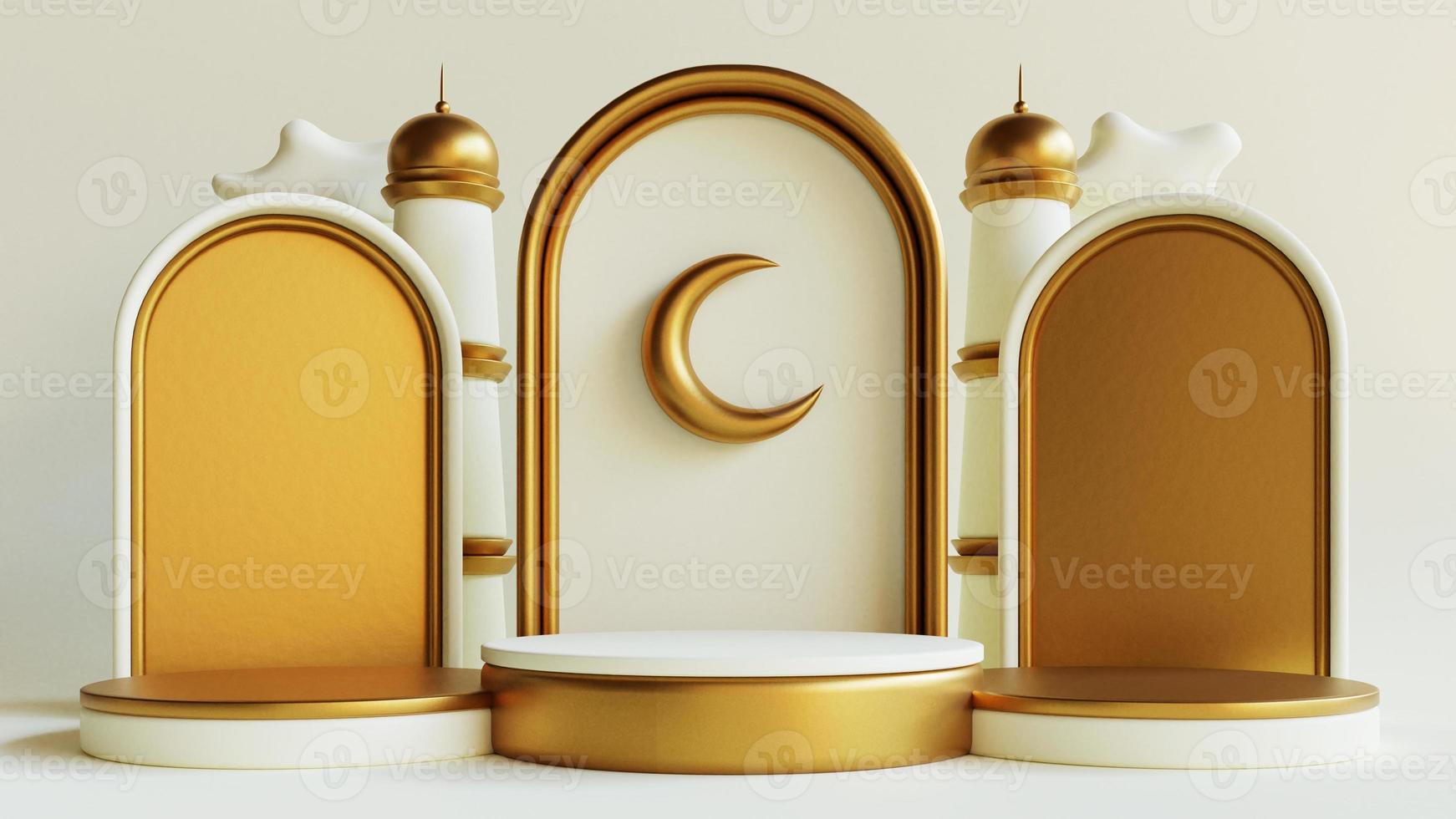 Ramadan kareem islamic greeting background with lantern on podium, mosque and crescent moon photo