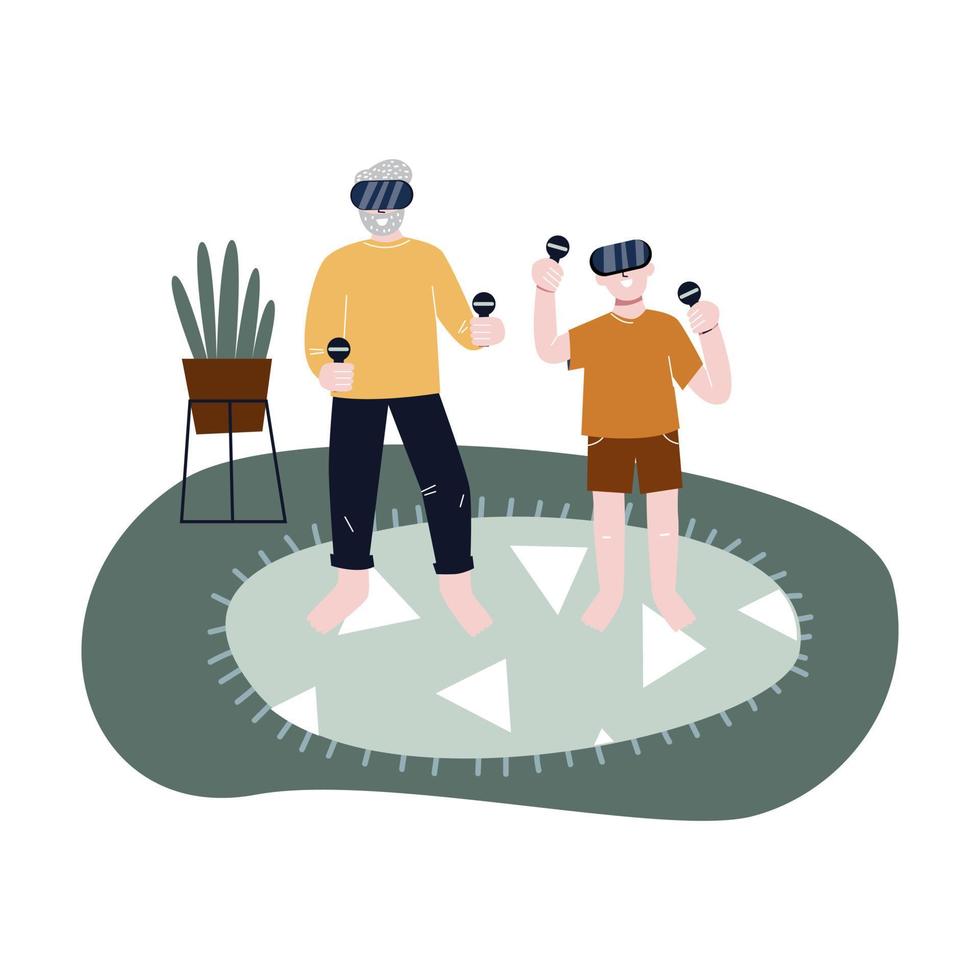 Grandfather and grandson playing vr games together. VR gaming. Flat vector illustration.