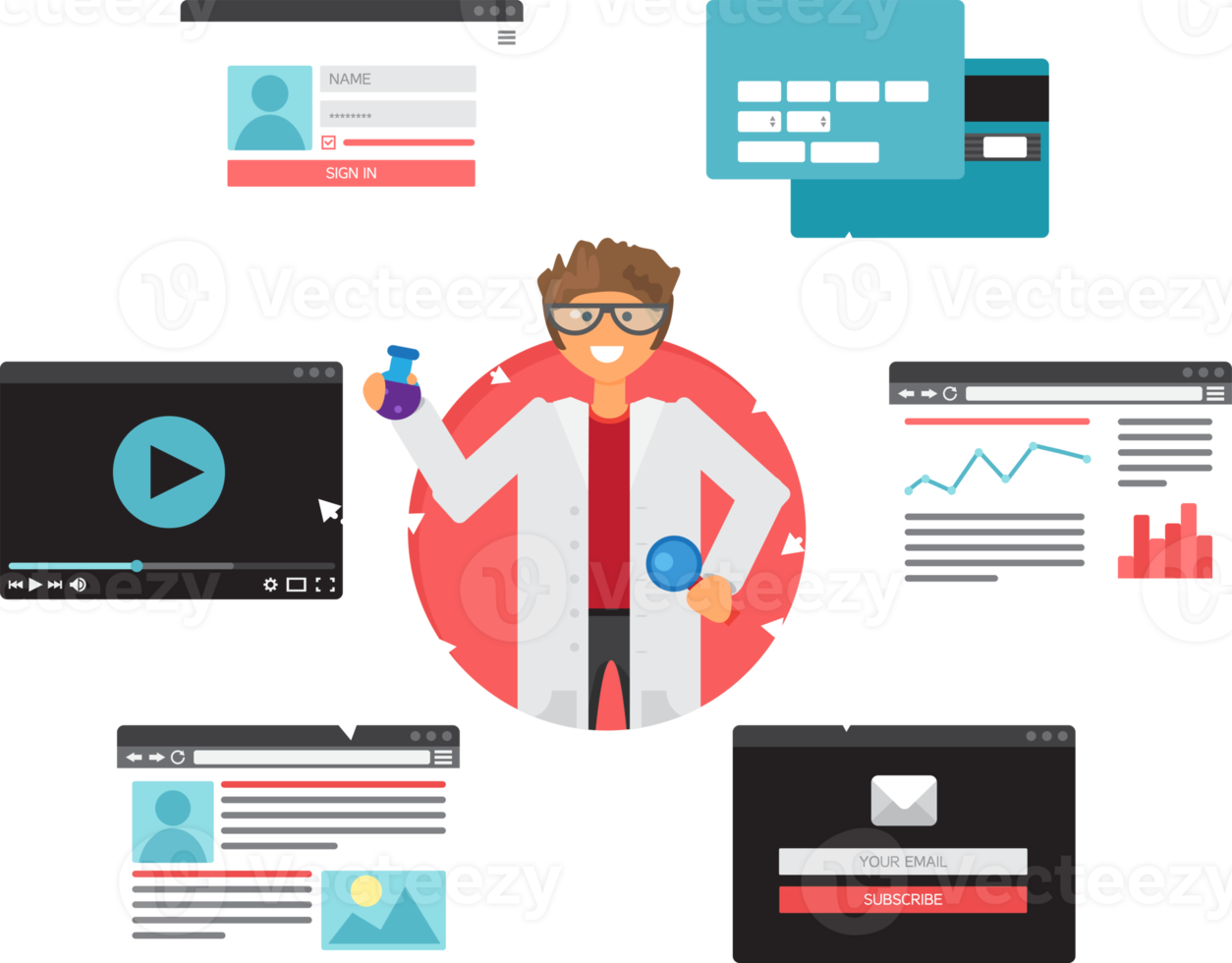 la vida web en línea de las personas a partir de videos, blogs, redes sociales, compras en línea y correo electrónico. interfaz gráfica de usuario y formularios y elementos de páginas web png