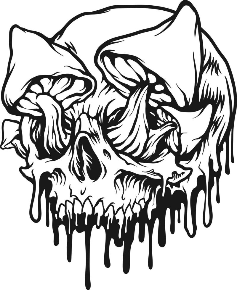 Scary skull mushrooms melted colorful monochrome vector