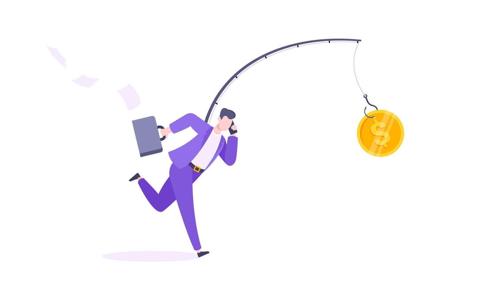 Rat race and money bait business concept with businessman running after dangling dollar. vector
