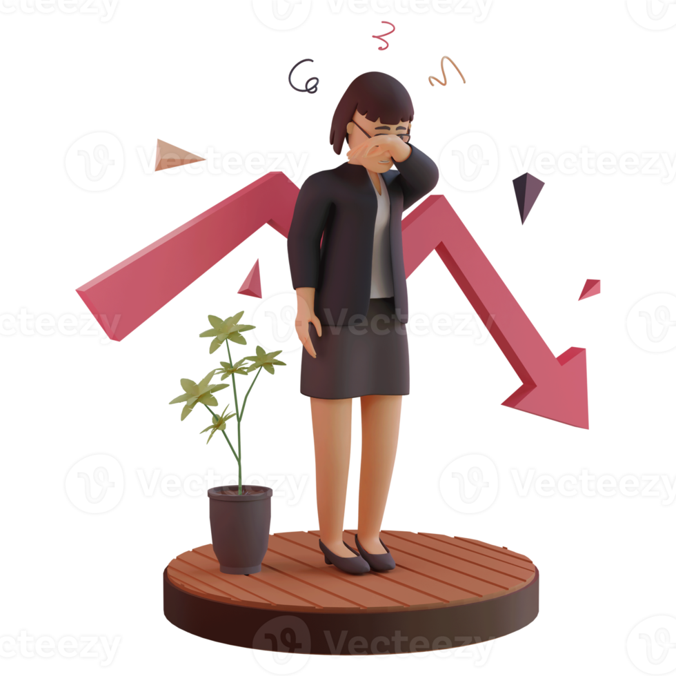 vrouwelijk personage met statistiek naar beneden, 3d illustratie png