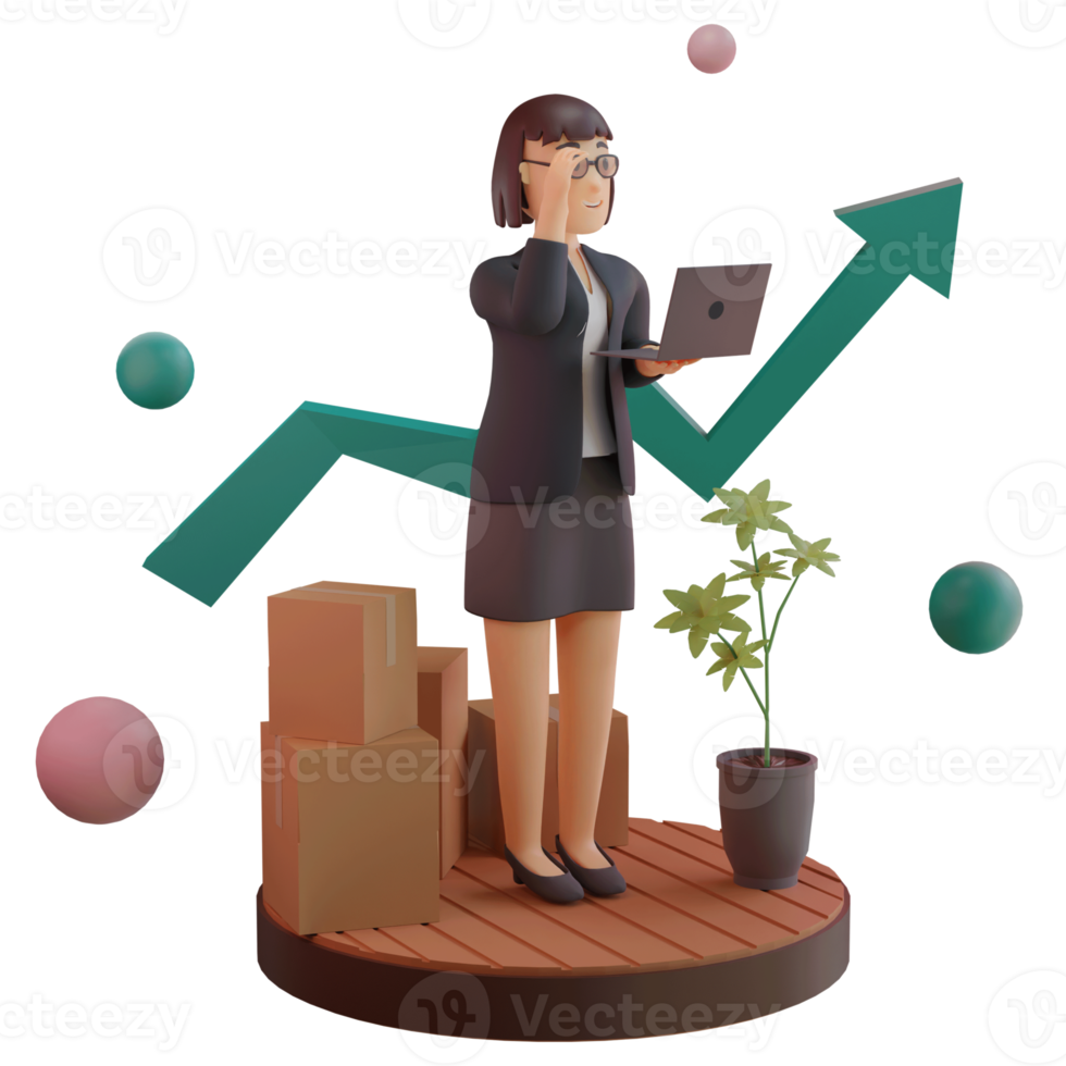 Female character with statistic UP, 3d Illustration png