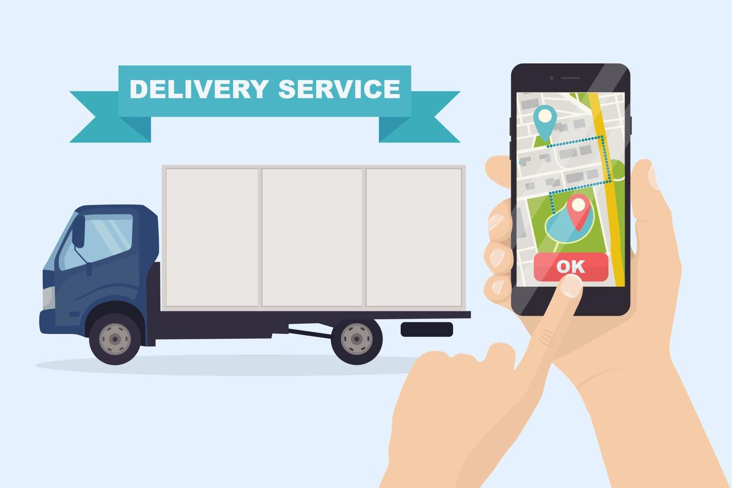 Fast delivery service by truck, van. Courier delivers food order. Hand hold phone with mobile app. Online package tracking. Auto travels with a parcel around the city. Express shipping. Vector design