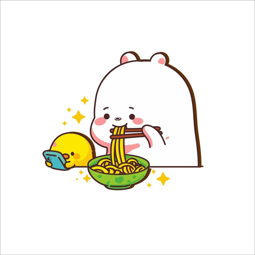 cute kawai cartoon illustration eating noodles with loyal friends vector