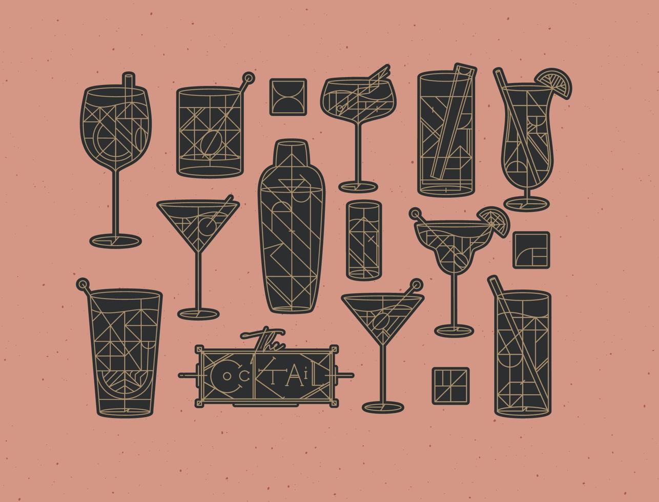 Art deco cocktails set drawing in line style with fill dark on powder coral background vector